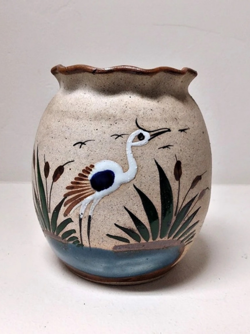 VTG Tonala Mexican Folk Art Pottery Floral Crane Heron Hand Painted Artisan Vase